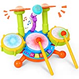 Rabing Kids Drum Set, Electric Musical Instruments Toys with 2 Drum Sticks, Beats Flash Light and Adjustable Microphone, Birthday Gift for 3-12 Years Old Boys and Girls