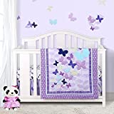 Sweet Baba Luxury 4 Piece Butterfly Crib Bedding Set,Purple Crib Set for Baby Girls,Microfiber Printed Nursery Bedding Set with Comforter/Skirt/Crib Sheet/Blanket