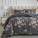 7 Pieces Bed in a Bag Queen Size, Dark Gray Floral Style, Soft Microfiber Reversible Bed Comforter Set for All Season (1 Comforter, 2 Pillow Shams, 1 Flat Sheet, 1 Fitted Sheet, 2 Pillowcases)