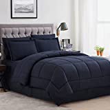 Sweet Home Collection 8 Piece Bed In A Bag with Dobby Stripe Comforter, Sheet Set, Bed Skirt, and Sham Set - Queen - Navy