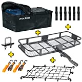 Mockins Steel Cargo Basket | 60' L X 20' W X 6' H Hitch Mount Cargo Carrier with Cargo Bag and Net | with a Hauling Weight of 500 lbs & a Folding Arm to Preserve Space When Not in Use
