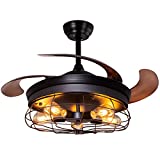 Ohniyou 42'' Industrial Ceiling Fan with Lights Remote Control 5-Light Vintage Flush Mount Ceiling Fans with Lights Farmhouse Low Profile Black Caged Ceiling Fan Light for Kitchen Bedroom Living Room