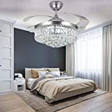 Crystal Ceiling Fan with Light,36 Inch LED 3 Color Remote Control Retractable Invisible Blades 3 Speeds Indoor Ceiling Light Kits with Fans for Decorate Living Room Bedroom