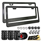 Carbon Fiber License Plate Frame- Black Aluminum Heavy Duty Car Tag Holder Cover, 2 Pack Rust/Rattle Proof Front & Rear Plate Mounting Kit- Stainless Steel Screws, Caps, Tire Valve Cover, 2 Hole