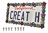 creathome 3D Shining Daisy Wrenth License Plate Frame from Pure Zinc Alloy Metal Perfect Plate Holder, Matt Black with Colorful Glitter
