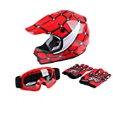XFMT DOT Youth Kids Motocross Offroad Street Dirt Bike Helmet Youth Motorcycle ATV Helmet with Goggles Gloves Red Spider S
