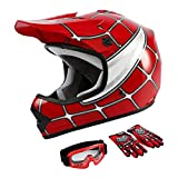 TCMT Dot Youth & Kids Motocross Offroad Street Helmet Red Spider Motorcycle Youth Helmet Dirt Bike Motocross ATV Helmet+Goggles+Gloves XL