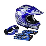 TCMT Dot Youth & Kids Motocross Offroad Street Motorcycle Dirt Bike Motocross ATV Helmet Blue Skull with Goggles Gloves (M)