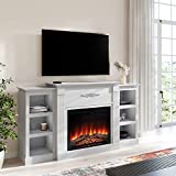 BELLEZE Modern 70 Inch Electric Fireplace Mantel TV Stand & Media Entertainment Center for TVs up to 68 Inches with Energy-Efficient Heater and Side Book Shelves - Lenore (White)