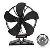PETCHOR 5-Blade Heat Powered Stove Fan, Wood Fireplace Fan, Large Size Eco Friendly Stove Fan, with Thermometer Black, Round