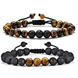 Bead Bracelet for Mens Gifts - Natural Tiger Eye Black Lava Rock Stone Mens Anxiety Bracelets, Adjustable Aromatherapy Essential Oil Diffuser Healing Bracelet Gifts for Men Friend Gifts