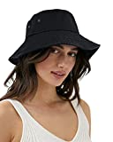 Bucket Hat for Women Men Black Canvas Washed Cotton Trendy Distressed Womens Summer Beach Sun Hats with Detachable Strings