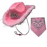 Pink Cowboy Hat - Light-Up Blinking Crown Tiara Pink Cowgirl Hat with Boa Feathers with Paisley Light Pink Bandanas