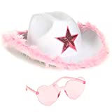 Funcredible White Cowgirl Hat with Heart Glasses - White Cowboy Hat with Pink Sequin Star - Halloween Cow Girl Costume Accessories - Fun Rodeo Party Hats and Goggles for Kids, Girls and Women