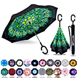 MRTLLOA Inverted Umbrella, Umbrella Windproof, Reverse Umbrella, Umbrellas for Women with UV Protection, Upside Down Umbrella with C-Shaped Handle for Mothers Day Gifts(Peacock)