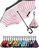 BAGAIL Double Layer Inverted Umbrella Reverse Folding Umbrellas Windproof UV Protection Big Straight Umbrella for Car Rain Outdoor with C-Shaped Handle (Pink Stripe)
