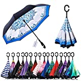 UmbWorld Inverted Umbrella, Double Layer Upside Down Reverse Umbrella for Car and Outdoor, with UV Protection, and C-Shaped Handle Big Straight Umbrella (Blue and White Porcelain)