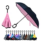 Pink Double Layer Inverted Umbrellas - C Shaped Handle Reverse Folding Windproof Umbrella for Men and Women