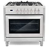 Cosmo F965 36 in. Dual Fuel Range with 5 Gas Burners, Electric Convection Oven with 3.8 cu. ft. Capacity, 8 Functions, Black Porcelain Interior in Stainless Steel
