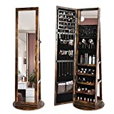 Kasibie 360° Rotating Jewelry Cabinet with Full-Length Mirror, Lockable Jewelry Organizer (Brown)