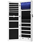 SONGMICS 6 LEDs Mirror Jewelry Cabinet, 47.2'H Lockable Wall/Door Mounted Jewelry Armoire Organizer with Mirror, 2 Drawers, White UJJC93W