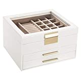 SONGMICS Jewelry Box with Glass Lid, 3-Layer Jewelry Organizer with 2 Drawers, for Loved Ones, White UJBC239WT