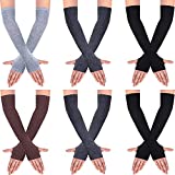 6 Pairs Women Long Fingerless Gloves Knit Arm Warmer Thumb Hole Stretchy Gloves (Assorted Color)