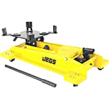 JEGS Low Profile Transmission Jack | 1,000 LBS Capacity | Lift Range 8.5” to 23” | 360 Degrees Pump Handle Rotation | Adjustable Load Support Arms | Yellow Steel Frame With JEGS Logo
