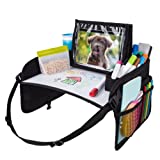 Lusso Gear: Kids Travel Tray with Dry Erase Board, No-Drop Tablet Holder, Lap Desk for Traveling with Cup Holder, Snack and Toy Storage Pockets, Fits Airplane and Booster Seats (Black)