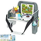 Kids Travel Tray, Toddler Car Seat Tray with Dry Erase Board, Collapsible Lap Car Seat Travel Table Desk w/ iPad Holder, Storage Pocket, Kids Tray for Road Trip, Car Stroller, Airplane, Grey
