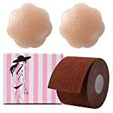 XL Breast Lift Tape with Reusable Silicone Nipplecovers, Comfortable Body Tape for Large Breasts, Adhesive Chest Support Tape, Invisible Fashion Tape Athletic Kinesiology Tape Brown
