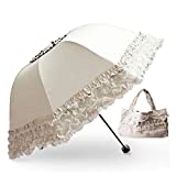 Princess Lace Ultraviolet-Proof Triple Folding Umbrella Dome Parasol （Rice white）