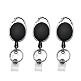 JIKIOU Retractable Badge Reel with Carabiner Belt Clip and Key Ring for ID Card Key Keychain Badge Holder Black 3 Pack