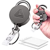 2 Pack Heavy Duty Metal Retractable Badge Holder Reel with Belt Clip Key Ring and Waterproof Vertical Clear ID Card Holder + 2 Extra Carabiner Key Chain Rings, 31 inches Strong Dyneema Pull Cord