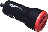 Amazon Basics Dual-Port USB Car Charger Adapter for Apple and Android Devices, 4.8 Amp, 24W, Black and Red