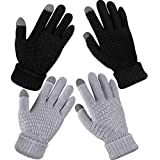 2 Pairs Women's Winter Touch Screen Gloves Warm Fleece Lined Knit Gloves Elastic Cuff Winter Texting Gloves (Black, Grey)