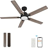 52“ Indoor & Outdoor Ceiling Fan With Light, Low Profile Smart Ceiling Fan With 10 Speeds, Silent DC Motor, Farmhouse Ceiling Fan Compatible with Alexa, Siri, Google & Smart App, Black & Walnut