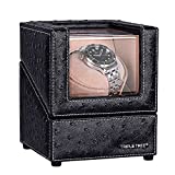 Single Watch Winder Newly Upgraded, with Flexible Plush Pillow, in Wood Shell and Black Leather, Japanese Motor, 4 Rotation Mode Setting, Fit Lady and Man Automatic Watches