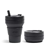 Stojo Collapsible Travel Cup With Straw - Carbon, 16oz / 470ml - Reusable To-Go Pocket Size Silicone Bottle for Hot and Cold Drinks - Perfect for Camping and Hiking - Microwave & Dishwasher Safe