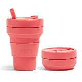 Stojo Titan Collapsible Travel Cup With Straw - Coral Pink, 24oz / 710ml - Reusable To-Go Pocket Size Silicone Cup for Hot & Cold Drinks - Camping and Hiking - Microwave & Dishwasher Safe