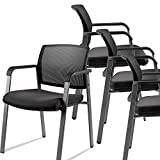 CLATINA Mesh Back Stacking Arm Chairs with Upholstered Fabric Seat and Ergonomic Lumber Support for Office School Church Guest Reception Black 4 Pack Set New Version
