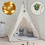little dove Teepee Tent for Kids Foldable Teepee Play Tent with Carry Case, Banner, Fairy Lights, Olives Branches, Four Poles Style Raw White Color - New Version Tiny House
