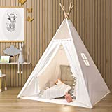 JoyNote Teepee Tent for Kids Indoor Tents with Mat, Inner Pocket, Unique Reinforcement Part - Foldable Play Tent Canvas Tipi Childrens Tents for Girls & Boys (White)