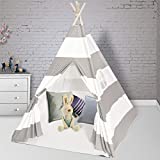 Wilhunter Teepee Play Tent for Kids with Floor Mat & Window & Carry Bag, Foldable Canvas Teepee Gifts for Baby or Toddlers, Toys for Boys and Girls Indoor Outdoor Playhouse (Grey & White Stripe)