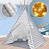 Tiny Land Kids Teepee Tent with Mat & Light String, Kids Foldable Play Tent for Indoor Outdoor, Grey Canvas Teepee, Portable Playhouse, Best Birthday Gift for Boy & Girl