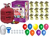 Helium Tank with 50 Balloons and White Ribbon + 12 Gold Balloon Weights + Plus Balloon Tying Tool