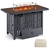 Devoko 43 inch Gas Fire Pit Table Outdoor 50,000 BTU Auto Ignition Patio Propane Gas Firepit with Tempered Glass Desktop Glass Cover, Lid and Glass Stone, Black