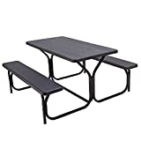 Giantex Picnic Table Bench Set Outdoor Camping All Weather Metal Base Wood-Like Texture Backyard Poolside Dining Party Garden Patio Lawn Deck Large Camping Picnic Tables for Adult (Black)