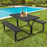 RIVALLYCOOL Picnic Table Bench Set, Patio Camping Table Bench Set w/ Steel Frame & Thick Table Top Outdoor Dining Table for Backyard Garden (Black)