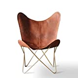Leather Living Room Chairs-Butterfly Chair Brown Leather Butterfly Chair-Handmade with Powder Coated Folding Iron Frame (Cover with Folding Frame) (Golden Frame)